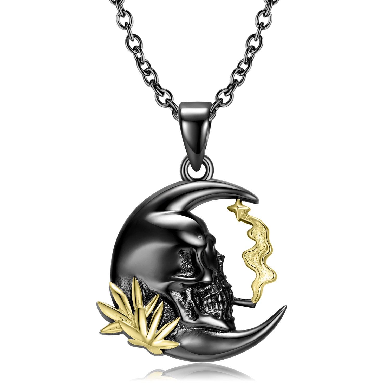 Smoking Skull Moon Pendant Necklace – 925 Sterling Silver Gothic Jewelry